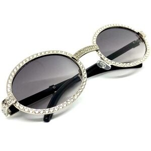 Rhinestone Sunglasses‎ Silver Frame Black Lens Oval Frame Hiphop Shades Men's